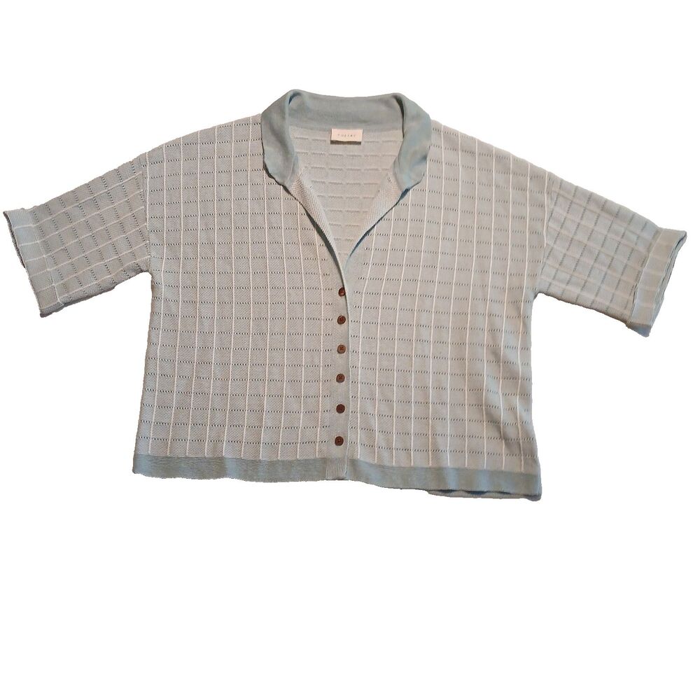 Poetry Knit Linen Blend Check Stitch Top Cardigan Short Sleeve Collard Size 8